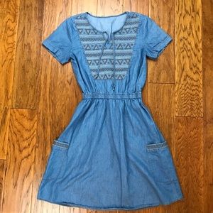 Chambray Tribal Print Dress with Pockets